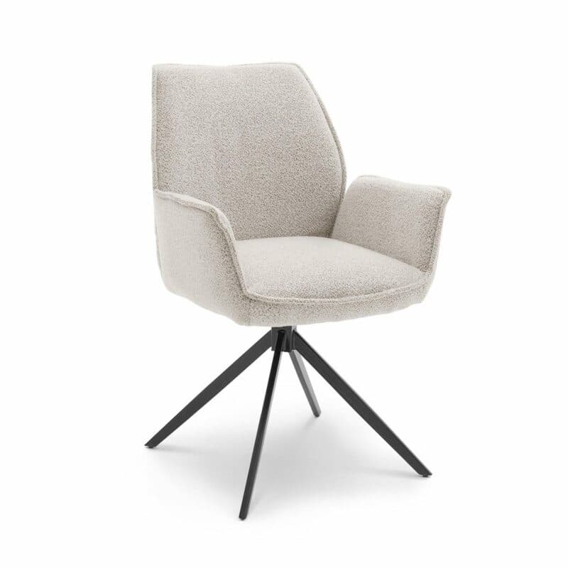 Musterring Tiama Armlehnstuhl Boucle Alpine champagne Stativgestell Eisen schwarz Freisteller schräg