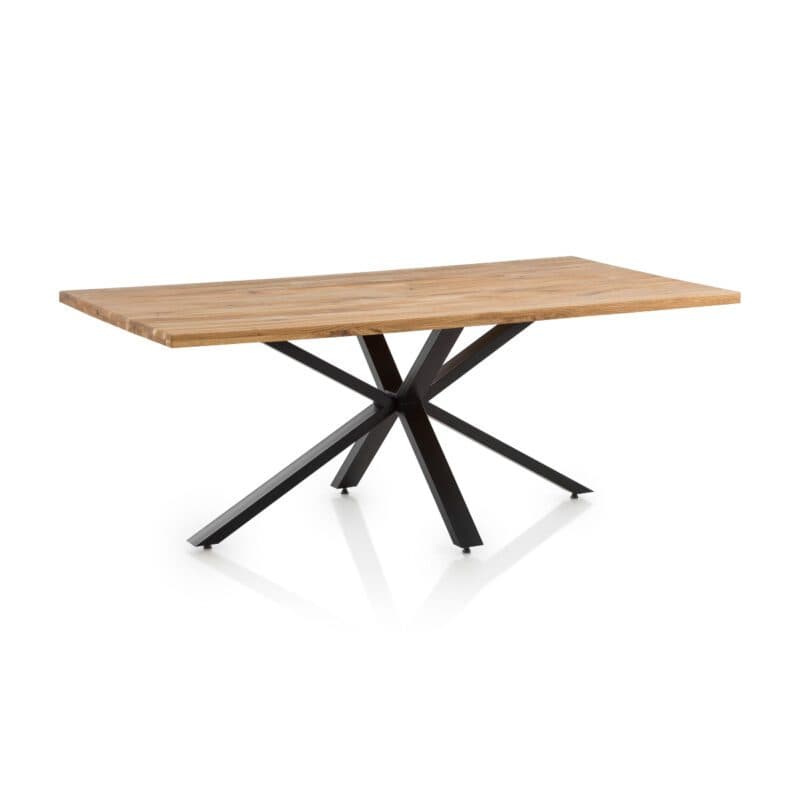 Trendstore Edik Esstisch mit Platte Eiche massiv geölt und Gestell Spyder in schwarz Edelstahloptik.