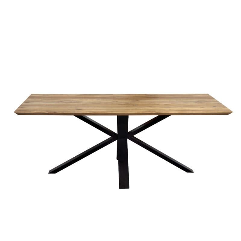 Trendstore Edik Esstisch mit Platte Eiche massiv geölt und Gestell Spyder in schwarz Edelstahloptik.