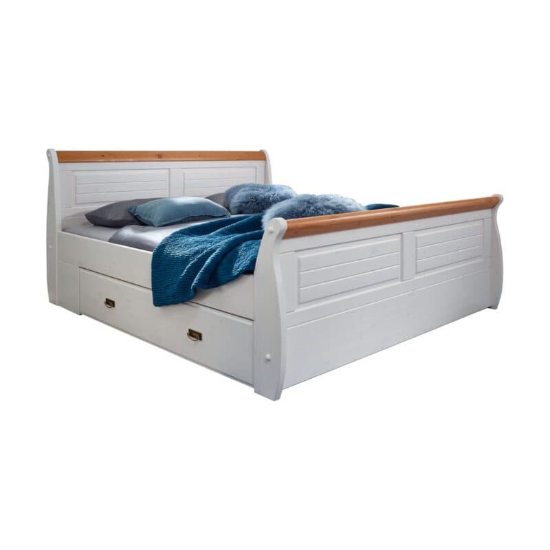 Trendstore Gaius Doppelbett 180 x 200 mit Bettkasten aus Kiefer massiv in Weiß gewachst