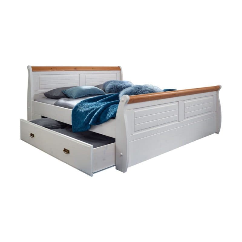 Trendstore Gaius Doppelbett 180 x 200 mit Bettkasten aus Kiefer massiv in weiß gewachst mit Akzenten in honigfarben.