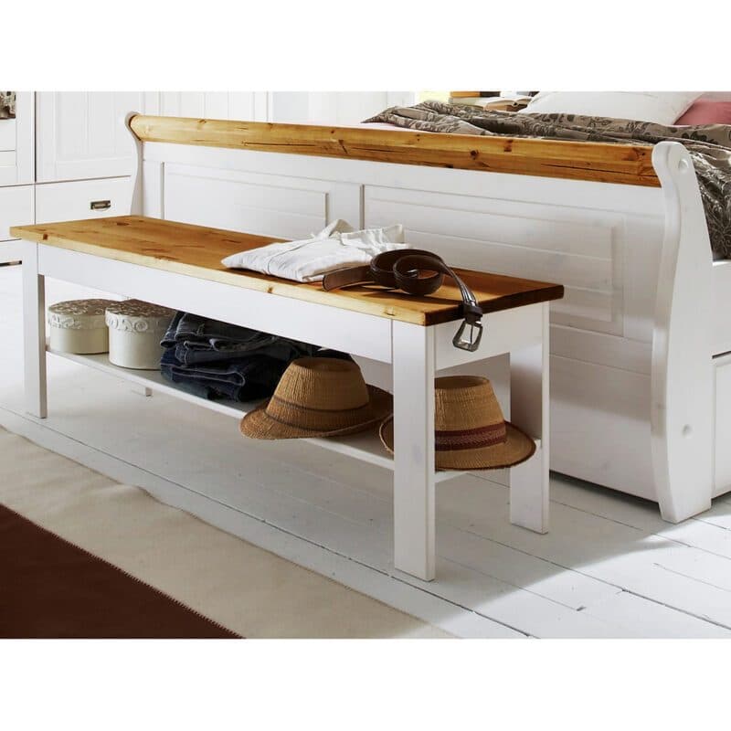 Trendstore Gaius Bettbank aus Kiefer massiv in weiß gewachst mit Sitzfläche in Kiefer honigfarben.