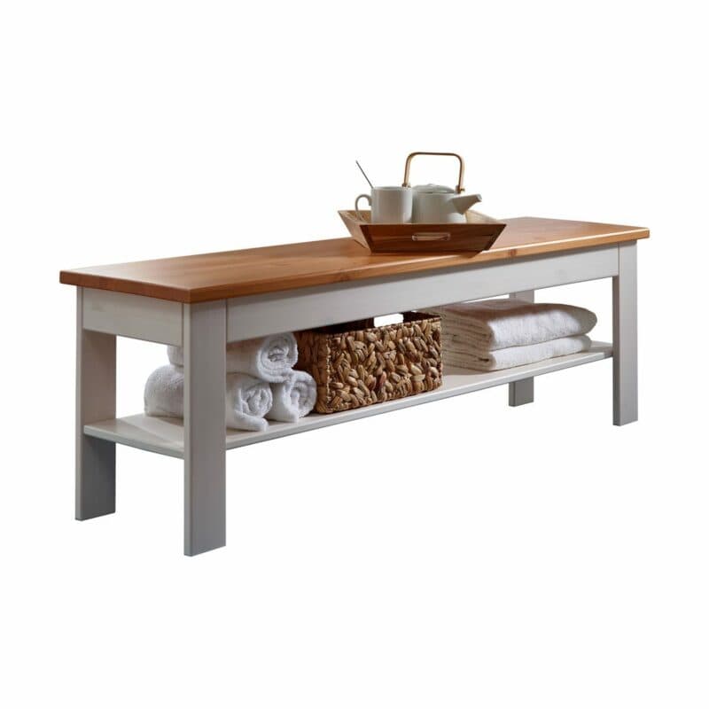 Trendstore Gaius Bettbank aus Kiefer massiv, weiß gewachst mit Sitzfläche in Kiefer honigfarben.