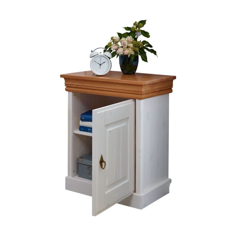 Trendstore Gaius Nachtkommode in Kiefer massiv weiß gewachst und Ablage in Honigfarben.