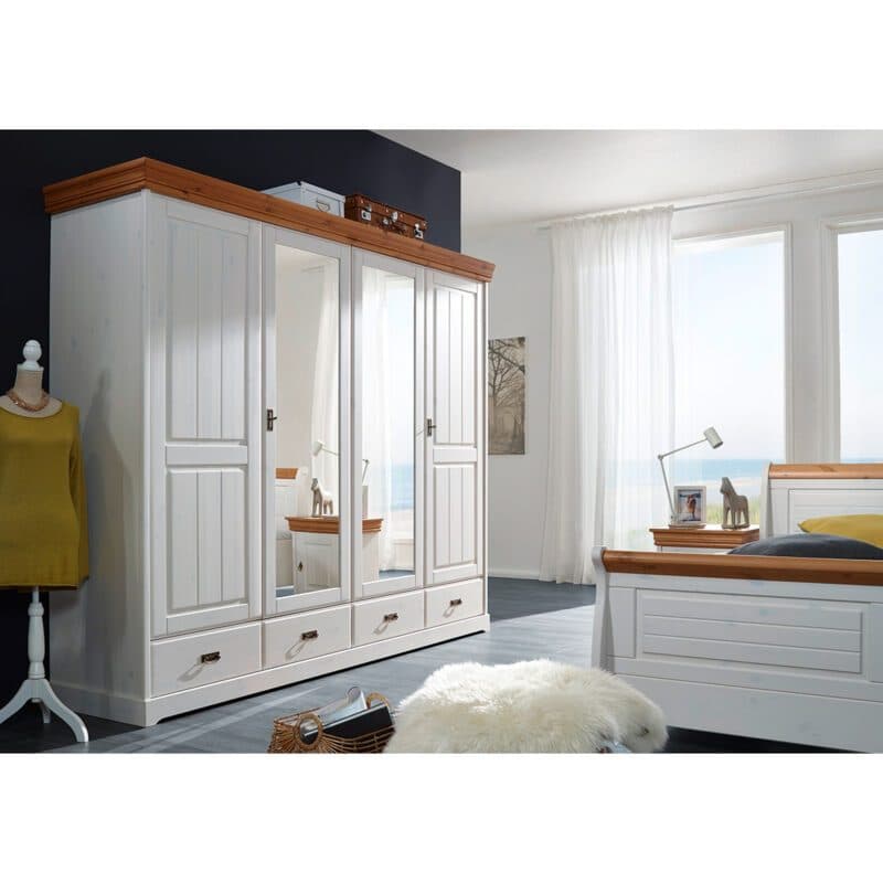 Trendstore Gaius Kleiderschrank mit zwei Holz- und zwei Spiegeltüren und zwei Schubladen, in Kiefer massiv weiß gewachst mit Deckblatt in der Farbe Honig