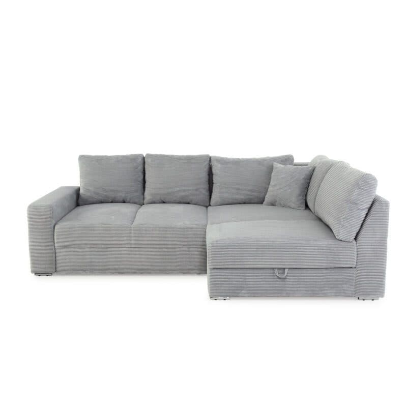 Trendstore Janis Ecksofa in Bezug Cord hellgrau inkl. Rücken- und Zierkissen, Ottomane rechts oder links montierbar.