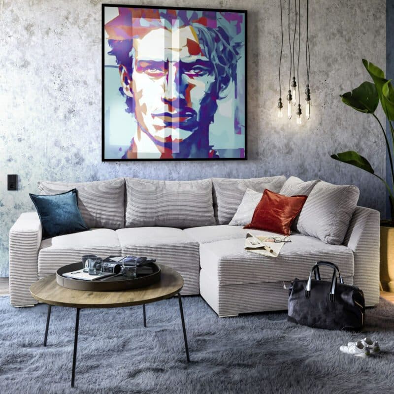 Trendstore Janis Ecksofa in Bezug Cord hellgrau inkl. Rücken- und Zierkissen, Ottomane rechts oder links montierbar, Wohnbeispiel.