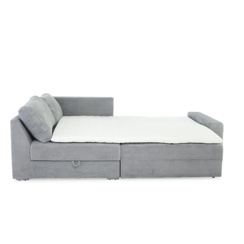 Trendstore Janis Ecksofa in Bezug Cord hellgrau inkl. Schlaffunktion mit Kaltschaumtopper und Bettkasten.
