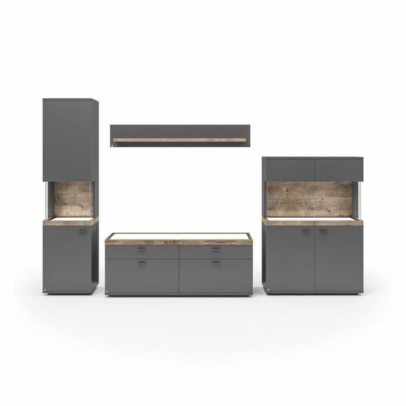 Set one by Musterring Lancaster Wohnwand in Anthrazit, mit Türanschlag links - frontal, Beleuchtung an