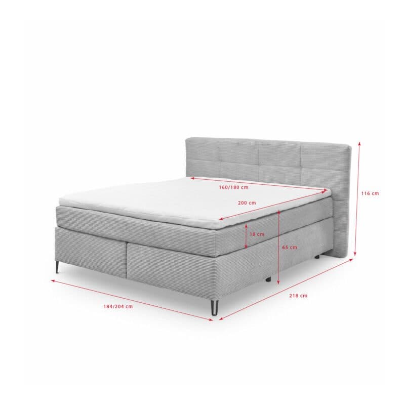 set one by Musterring Fairfield Boxspringbett Bezug Ribcord und Kopfteil mit Kassettenfeldern - Skizze mit Maßen