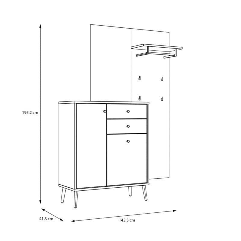 Trendstore Firell Garderobe, Maßskizze.