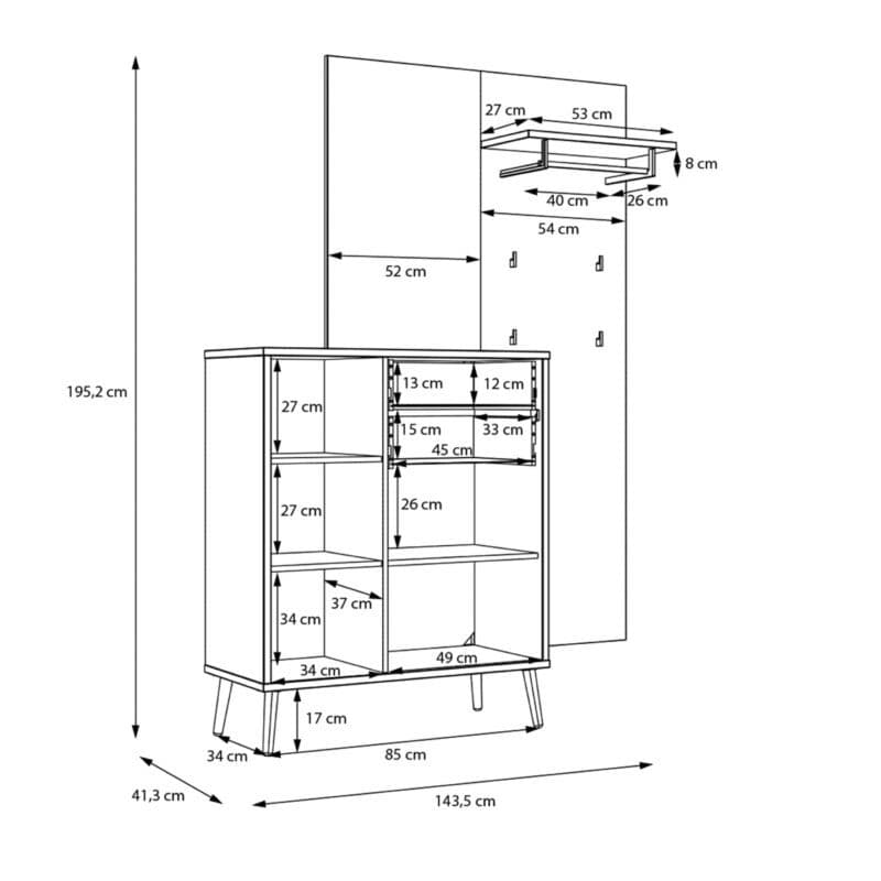 Trendstore Firell Garderobe, Maßskizze.