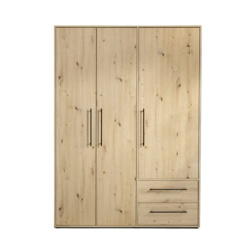Trendstore Fathie Drehtürenschrank in Artisan Eiche Nachbildung mit drei Türen und zwei Schubkästen.