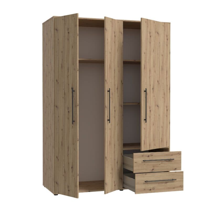 Trendstore Fathie Drehtürenschrank in Artisan Eiche Nachbildung mit drei Türen und zwei Schubkästen, offen.