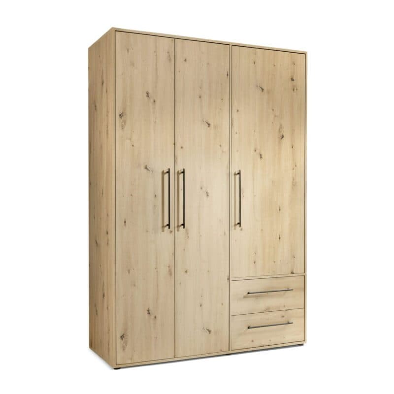 Trendstore Fathie Drehtürenschrank in Artisan Eiche Nachbildung mit drei Türen und zwei Schubkästen.