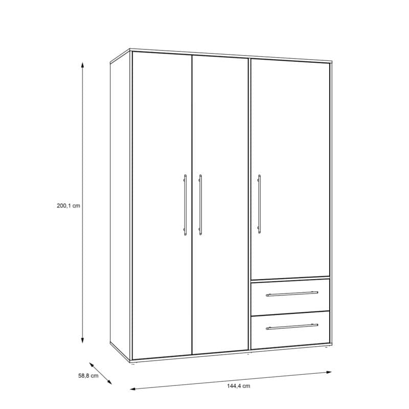 Trendstore Fathie Drehtürenschrank, Maßskizze.