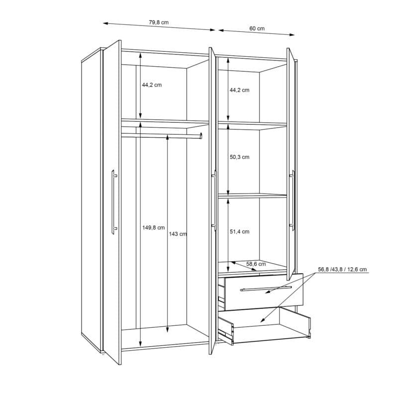 Trendstore Fathie Drehtürenschrank, Maßskizze innen.