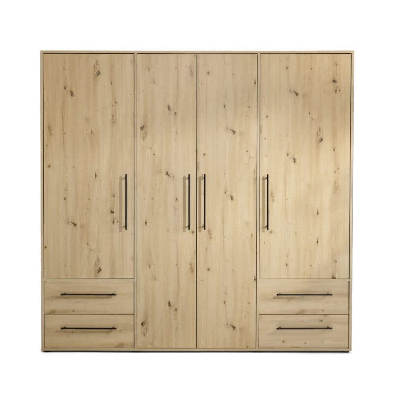 Trendstore Fathie Drehtürenschrank in Artisan Eiche Nachbildung mit vier Türen und vier Schubkästen.