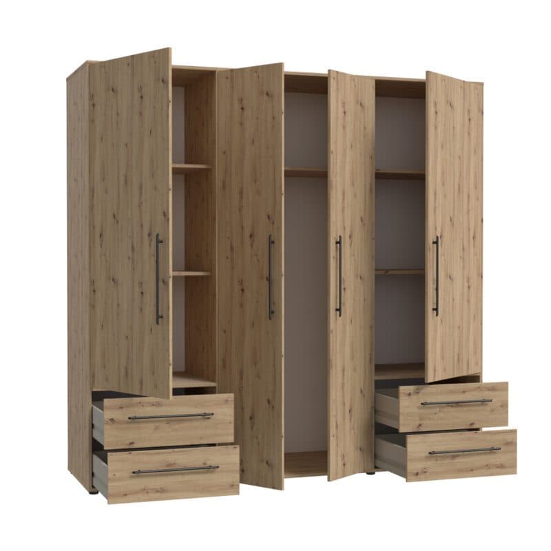 Trendstore Fathie Drehtürenschrank in Artisan Eiche Nachbildung mit vier Türen und vier Schubkästen, offen.