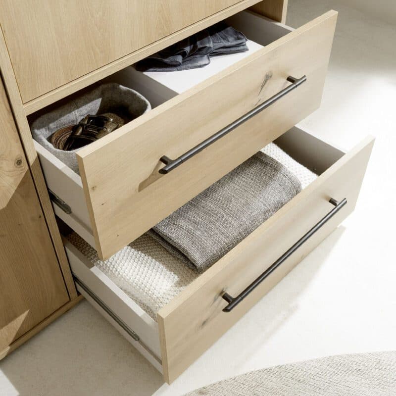 Trendstore Fathie Drehtürenschrank in Artisan Eiche Nachbildung, Detail Schubkästen.