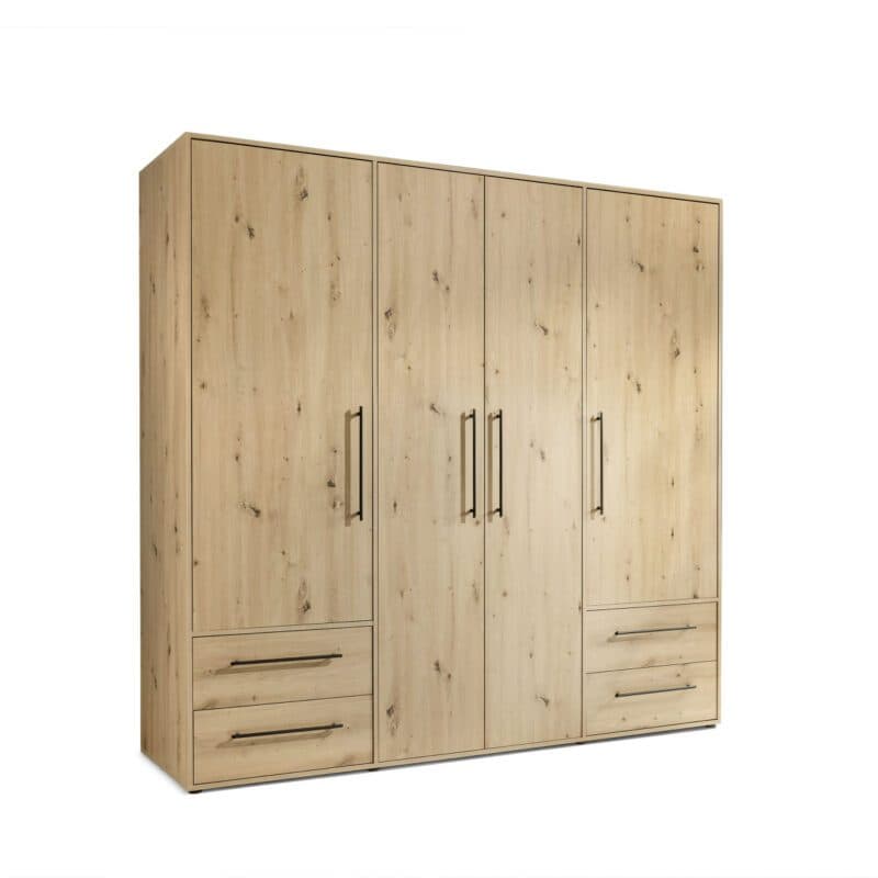 Trendstore Fathie Drehtürenschrank in Artisan Eiche Nachbildung mit vier Türen und vier Schubkästen.