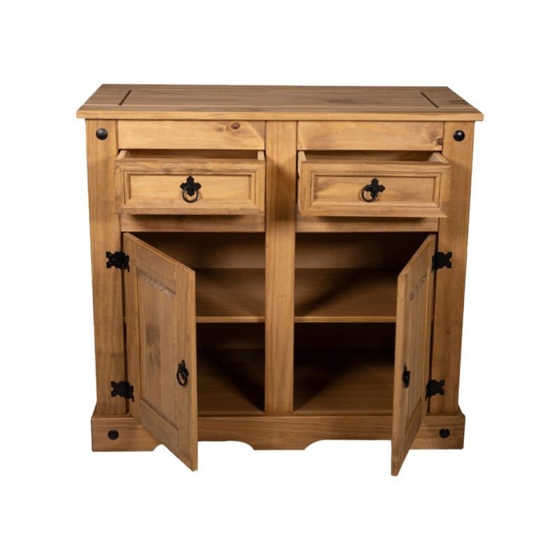 Liadomo Arizona Sideboard aus Kiefernholz natur gewachst mit 2 Türen und 2 Schubkästen, Innenansicht.