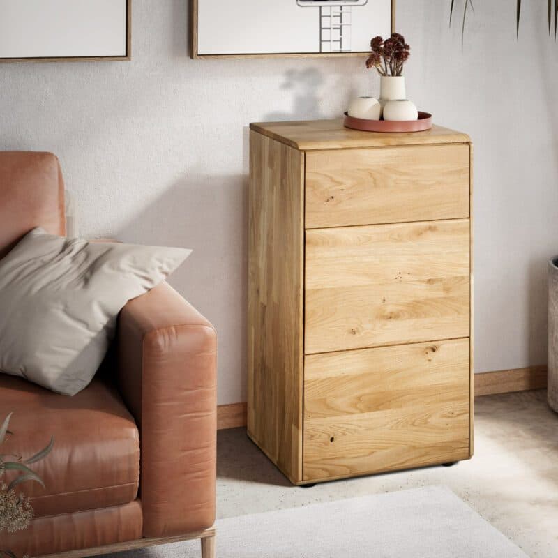 Liadomo Genf Kommode I aus Wildeiche massiv geölt mit 1 Tür und 1 Schubkasten, Wohnbeispiel.