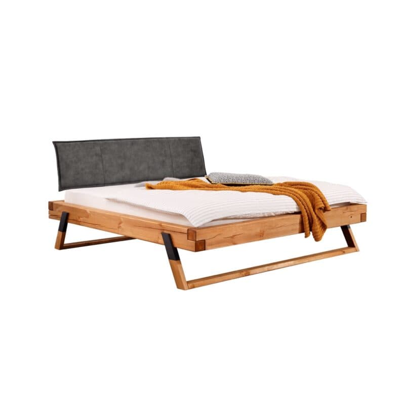 Greenfield Balkenbett mit Polsterkopfteil und Holzkufe Kiefer massiv und Absetzung Metall anthrazit