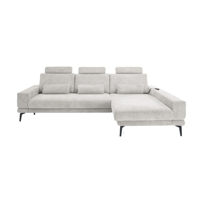 Set one by Musterring SO 3600 Ecksofa in Bezug Kama silver, inkl. Kopfstützen, Nierenkissen und motorischem Longchair mit Handschalter, Longchair rechts.