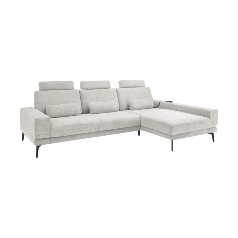 Set one by Musterring SO 3600 Ecksofa in Bezug Kama silver, inkl. Kopfstützen, Nierenkissen und motorischem Longchair mit Handschalter, Longchair rechts.