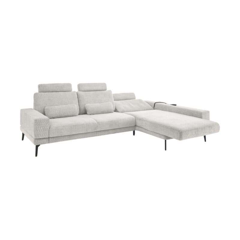 Set one by Musterring SO 3600 Ecksofa in Bezug Kama silver, inkl. Kopfstützen, Nierenkissen und motorischem Longchair mit Handschalter, Longchair rechts.