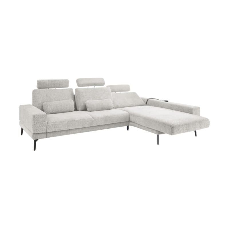 Set one by Musterring SO 3600 Ecksofa in Bezug Kama silver, inkl. Kopfstützen, Nierenkissen und motorischem Longchair mit Handschalter, Longchair rechts.