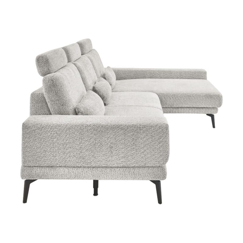 Set one by Musterring SO 3600 Ecksofa in Bezug Kama silver, inkl. Kopfstützen, Nierenkissen und motorischem Longchair mit Handschalter, Longchair rechts.