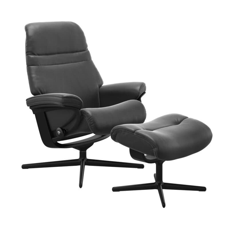 Stressless Sunrise M Sessel in Leder Batick 79 grey mit Cross-Gestell, inkl. Hocker.