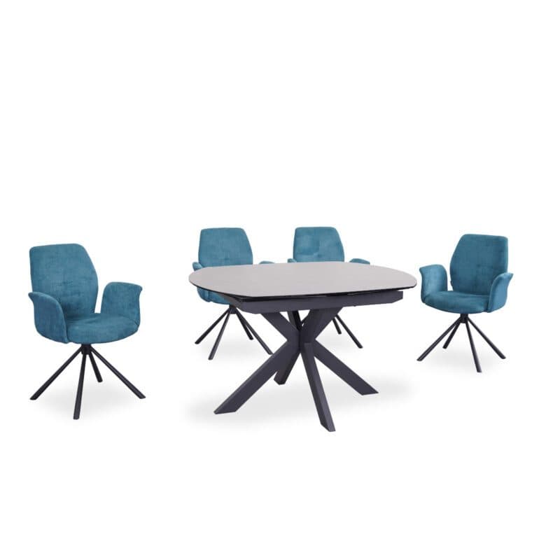 Trendstore Meggie & Manoa Essgruppe mit Ausziehtisch 130 - 190 x 100 cm und vier Drehstühlen mit Armlehnen in Farbe Petrol