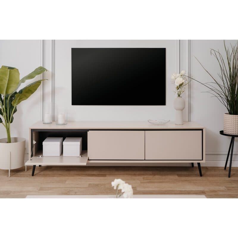 Liadomo Fona Lowboard mit 3 Klappen in Beige mit Absetzungen in Schwarz - Wohneispiel, geöffnet