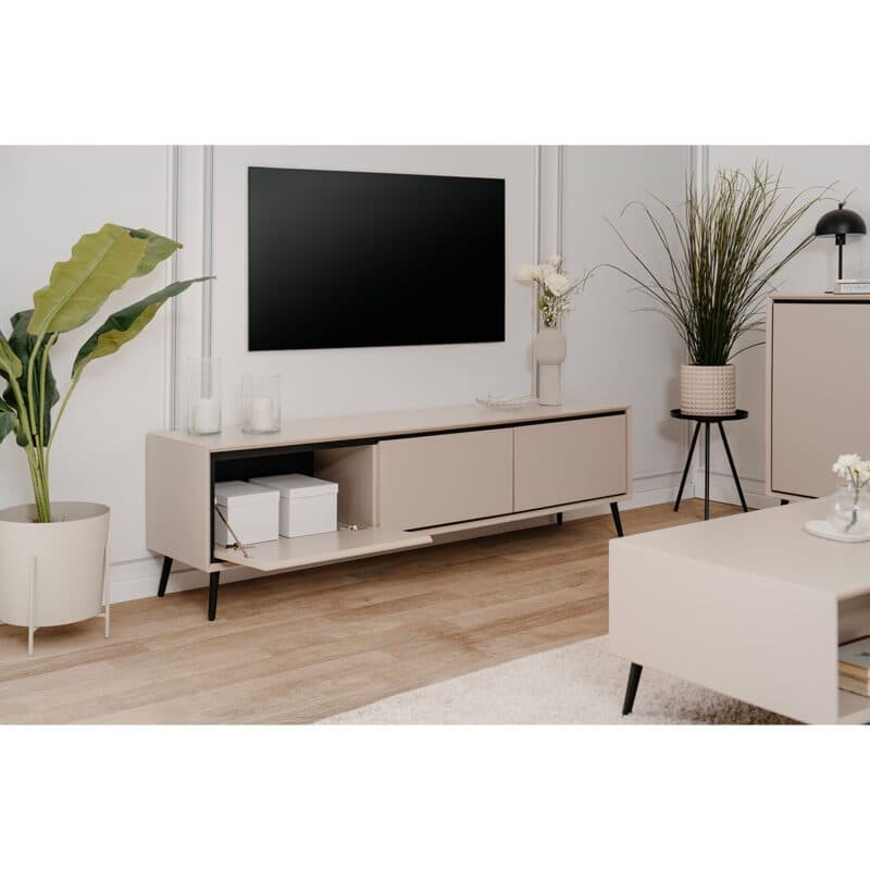 Liadomo Fona Lowboard mit 3 Klappen in Beige mit Absetzungen in Schwarz - Wohneispiel, geöffnet