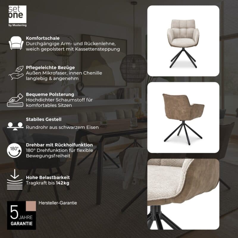 set one by Musterring Frisco Schalensessel in Bi-Color Bezug Cowboy taupe | Retro Bliss taupe mit Stativgestell – Übersicht Produktvorteile