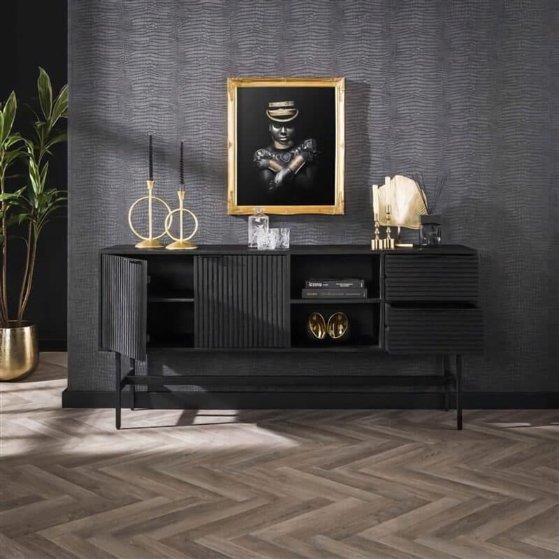 Liadomo Zürich Sideboard mit Holzlamellen in Schwarz - Wohnbeispiel