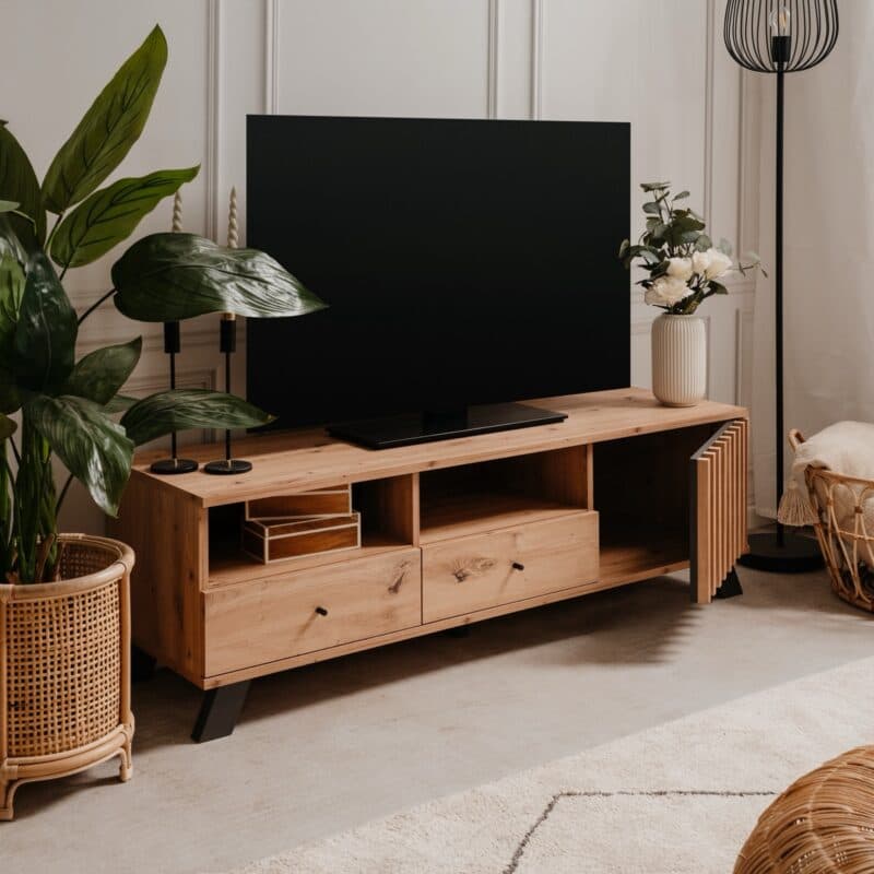Liadomo Sideboard mit 3 Türen und 4 Schubladen in Eiche Artisan Nachbildung mit Abs. Dekor anthrazit - Wohnbeispiel