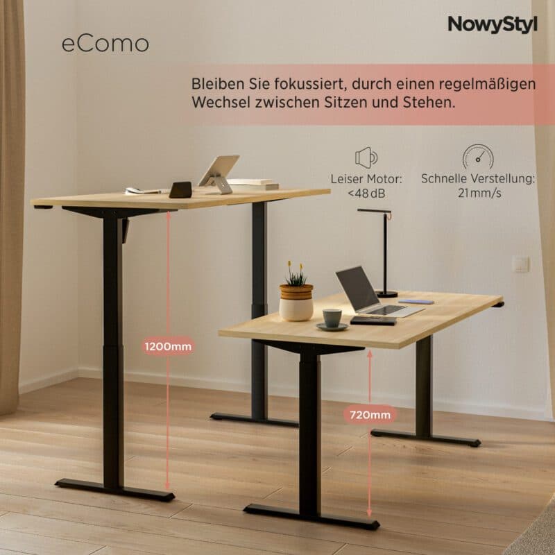 Nowy Styl eComo Desk RC Schreibtisch - höhenverstellbar - Platte Melamin NJ Acacia Light mit Metallgestell T-Fuß in Jet black - Beschreibung