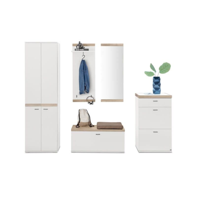 Set One by Musterring Lancaster-Dielen Garderobe Vorschlag 12A Weiß matt Absetzungen Eiche artisan Nachbildung frontal