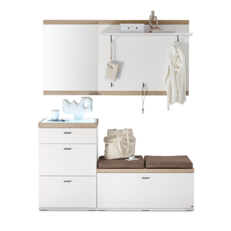 Set One by Musterring Lancaster-Dielen Garderobe Vorschlag 13A Weiß matt Absetzungen Eiche artisan Nachbildung frontal