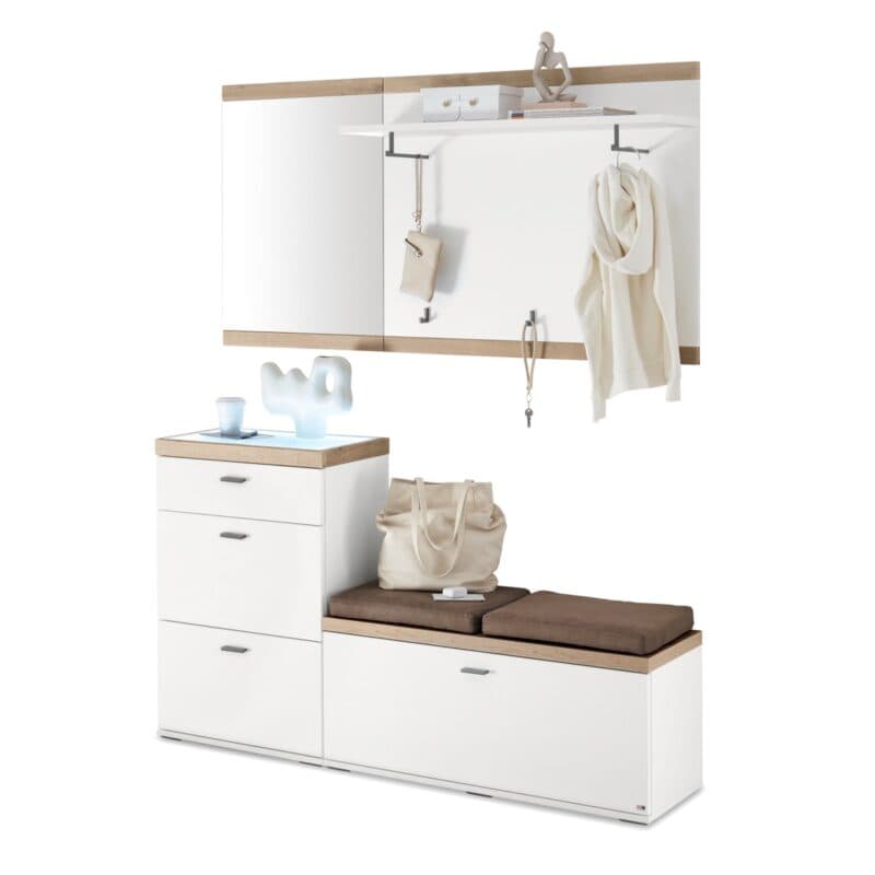 Set One by Musterring Lancaster-Dielen Garderobe Vorschlag 13A Weiß matt Absetzungen Eiche artisan Nachbildung schräg