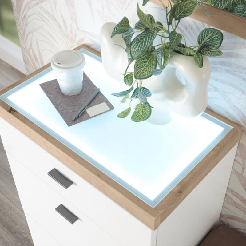 Set One by Musterring Lancaster-Dielen Highboard Type 103 Ausführung A Weiß matt Absetzungen Eiche artisan Nachbildung Deckplatte beleuchtet Detailbild