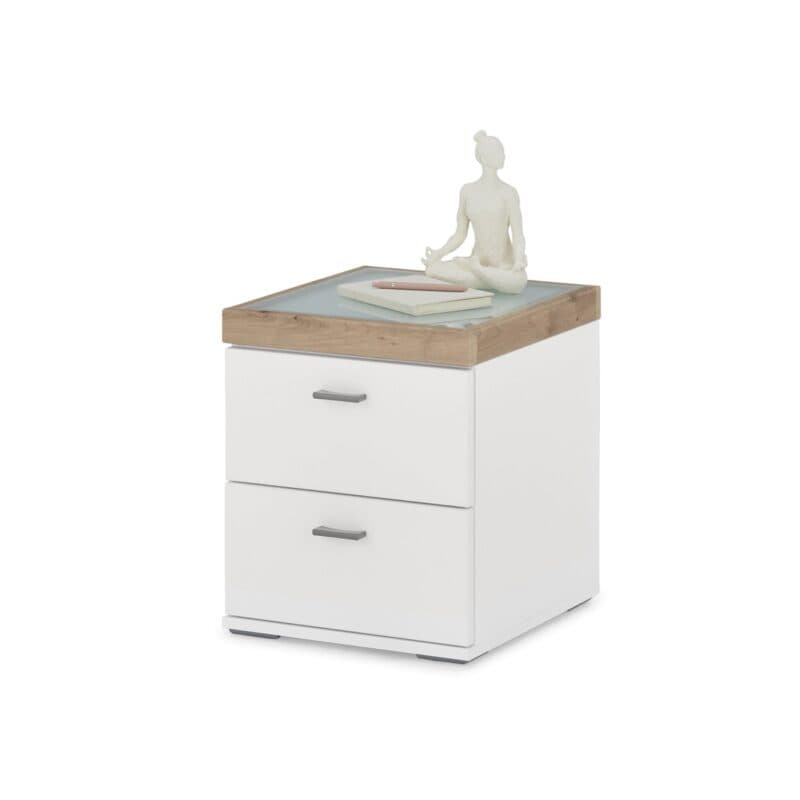 Set One by Musterring Lancaster-Dielen Kommode Type 111 Ausführung A Weiß matt Absetzungen Eiche artisan Nachbildung schräg