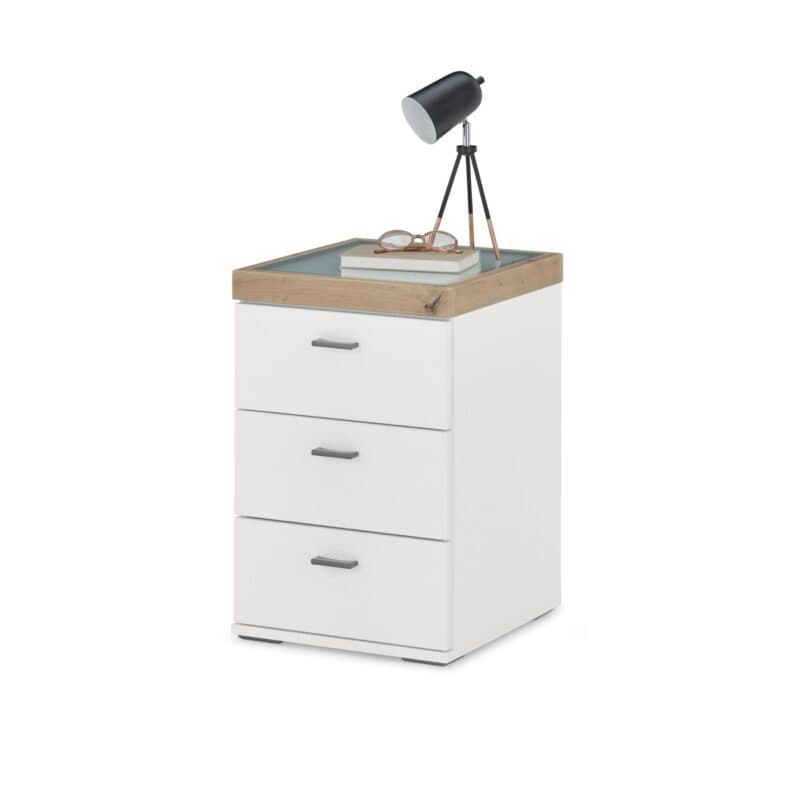 Set One by Musterring Lancaster-Dielen Kommode Type 112 Ausführung A Weiß matt Absetzungen Eiche artisan Nachbildung schräg