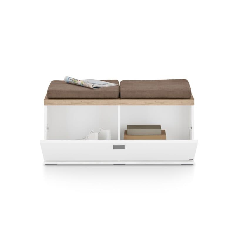 Set One by Musterring Lancaster-Dielen Lowboard Type 102 Ausführung A mit Sitzkissen Weiß matt Absetzungen Eiche artisan Nachbildung offen