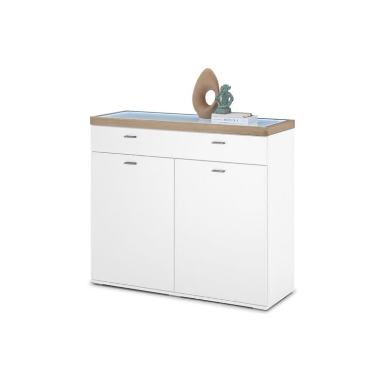 Set One by Musterring Lancaster-Dielen Sideboard Type 105 Ausführung A Weiß matt Absetzungen Eiche artisan Nachbildung schräg Beleuchtung an