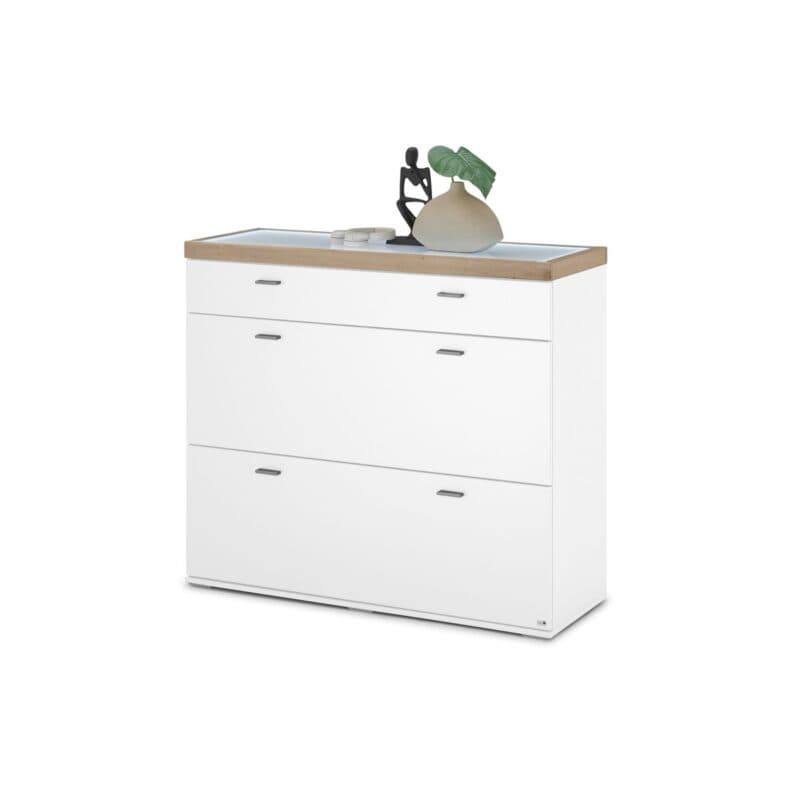 Set One by Musterring Lancaster-Dielen Sideboard Type 106 Ausführung A Weiß matt Absetzungen Eiche artisan Nachbildung schräg Beleuchtung an